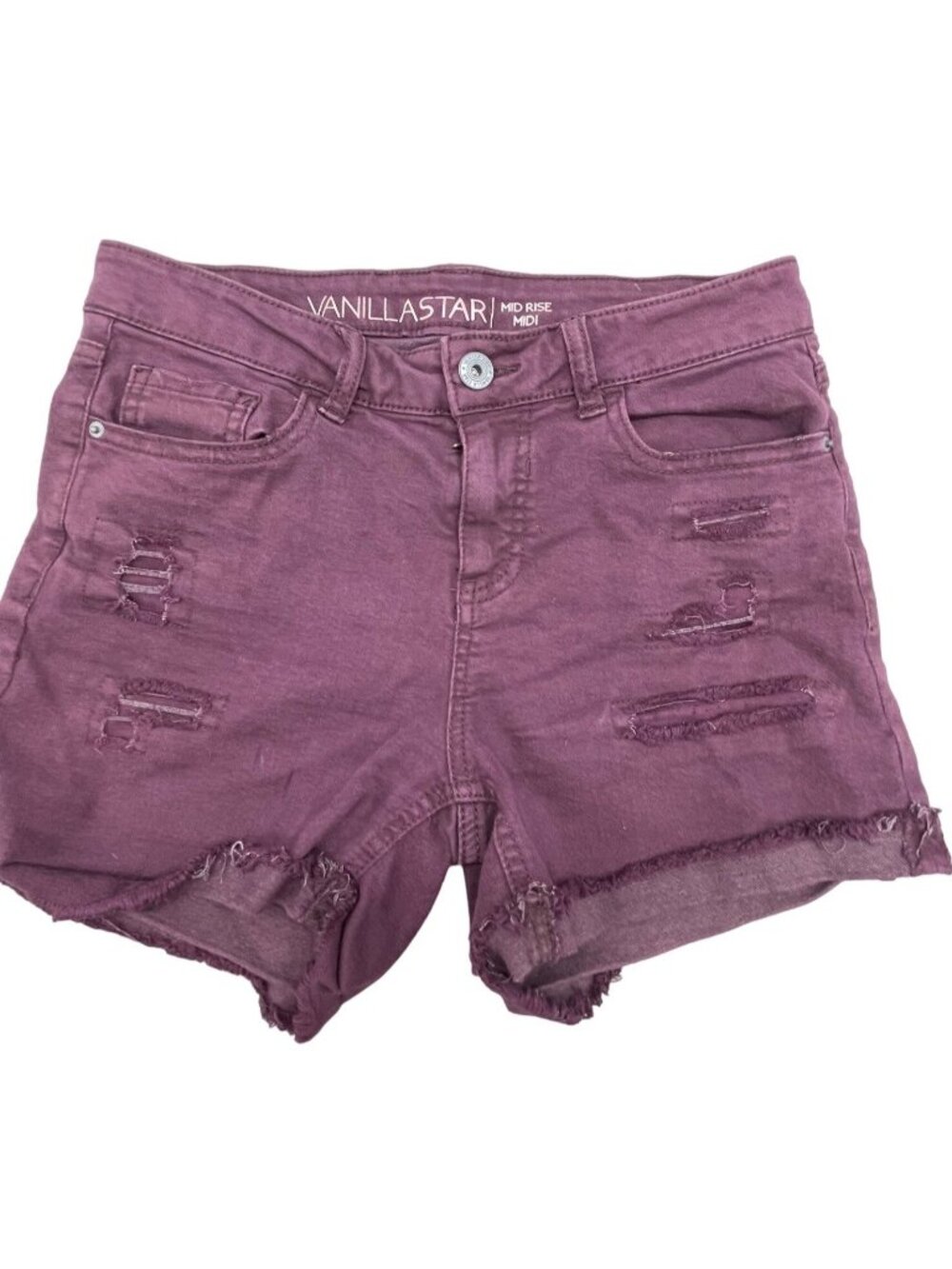 vanilla star med rise midi jean shorts distressed purple stretch size 5 READ